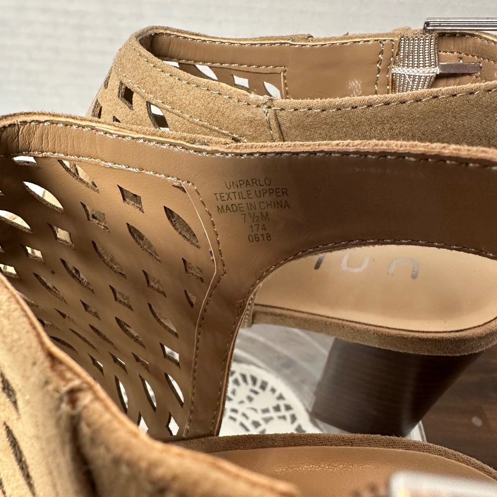 Unisa Unparlo Tan Laser Cut Block Heel Sandals Womens 7.5 M‎ Peep Toe Slingback - Picture 6 of 12